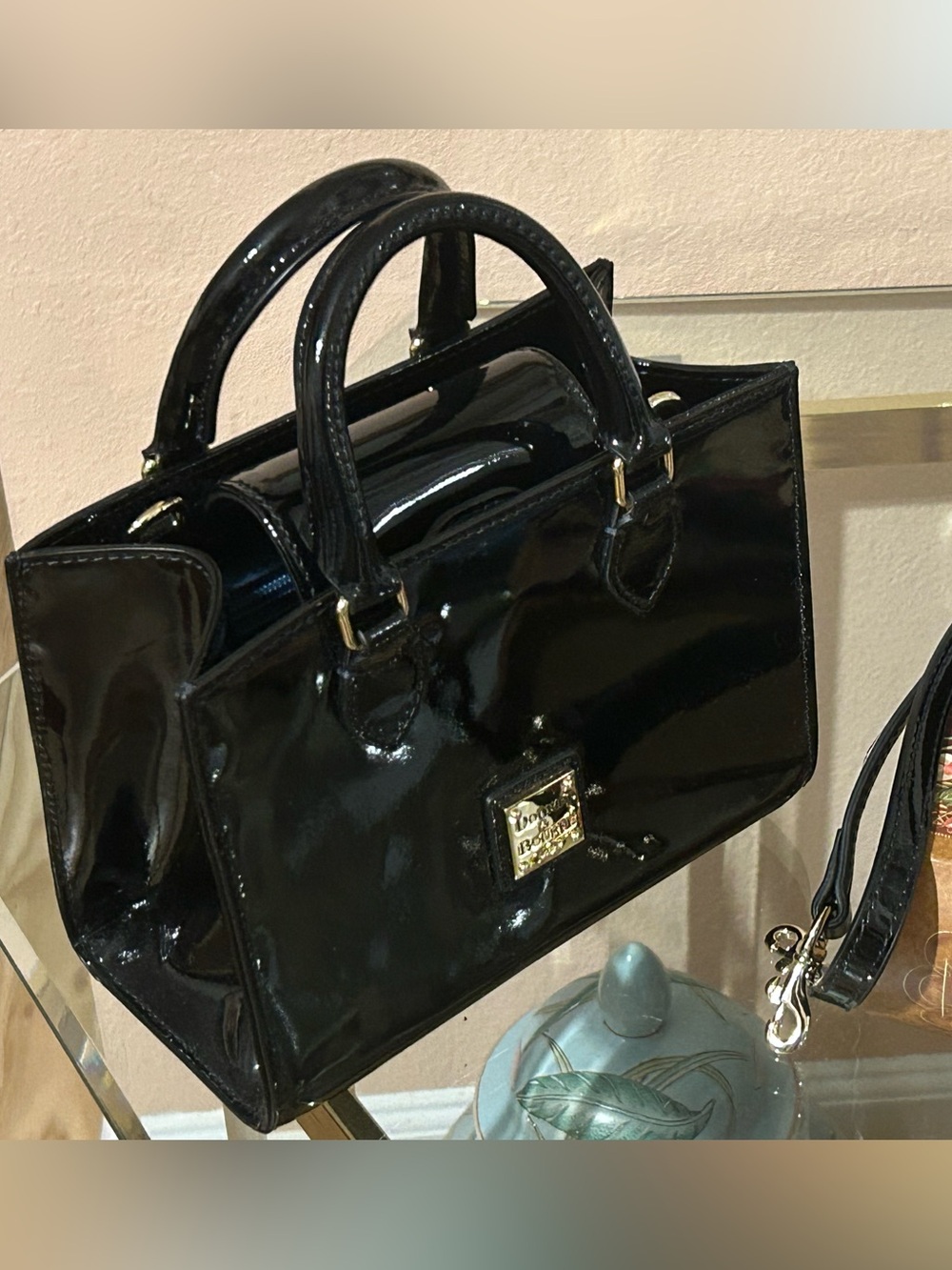Dooney & Bourke Janine Black Patent Leather Satchel Crossbody with Gold Hardware